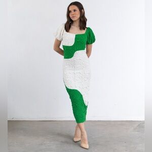 EUC Endless Blu Textured Cream and Green Midi Dress with Puff Sleeves Popcorn